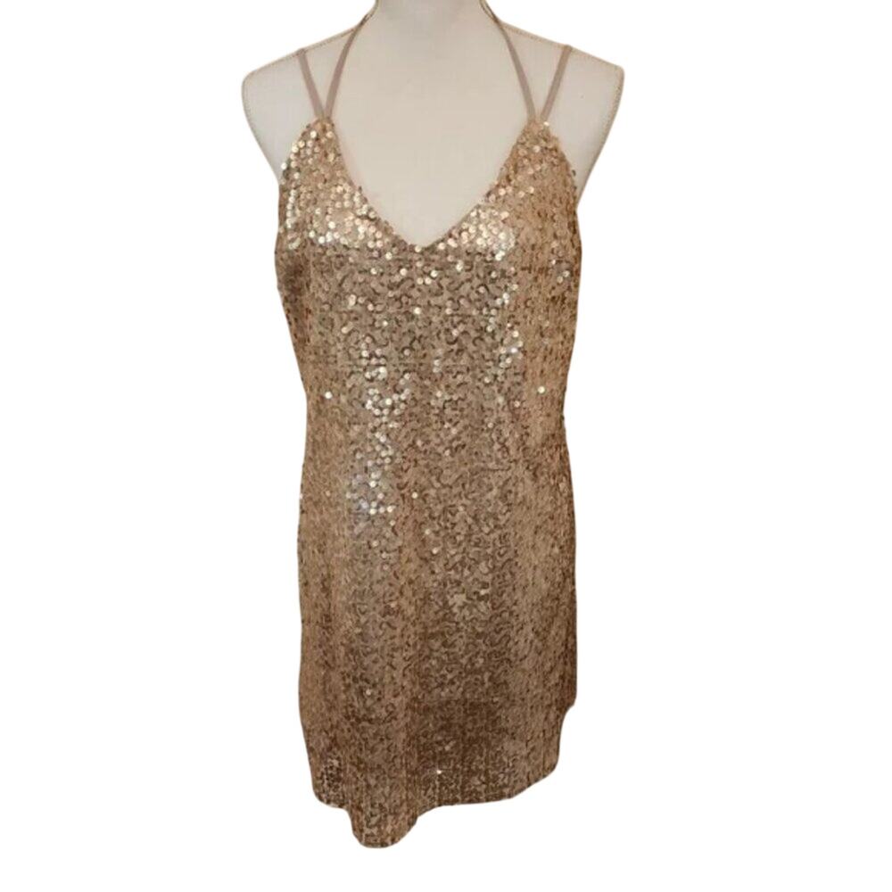 ✨ Xhilaration Gold Sequin Strappy Dress – Size Medium ✨